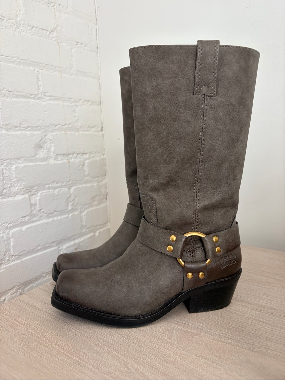 Frye & co. Taupe Leather Harness Boots with Gold Hardware